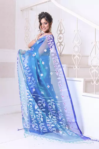 Sky blue muslin saree with jamdani designs