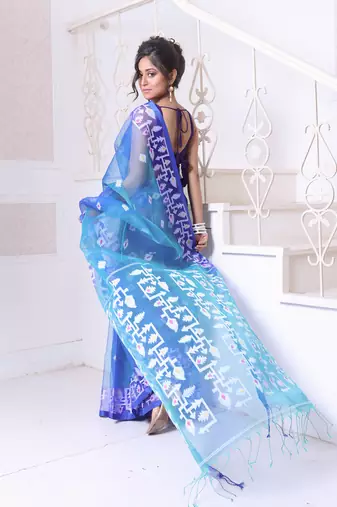 Sky blue muslin saree with jamdani designs