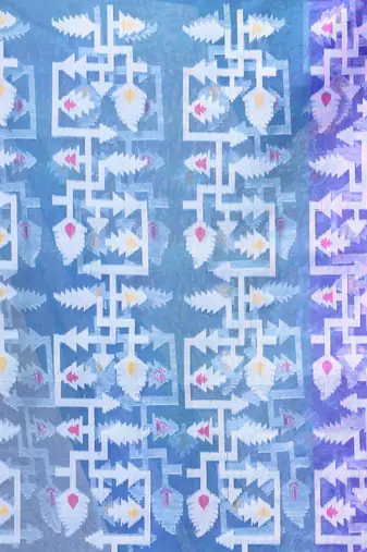 Sky blue muslin saree with jamdani designs