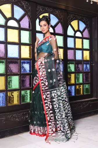 Emerald green muslin saree with jamdani designs