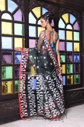 Emerald green muslin saree with jamdani designs