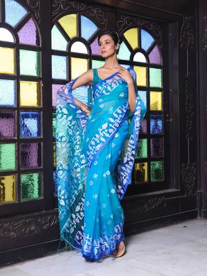 Turquoise muslin saree with jamdani designs 1