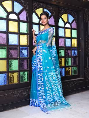 Turquoise muslin saree with jamdani designs 2