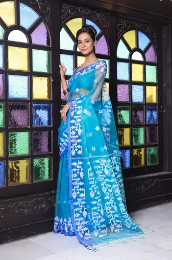 Turquoise muslin saree with jamdani designs
