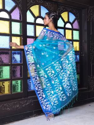 Turquoise muslin saree with jamdani designs 3