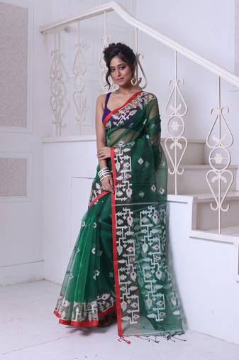 Green muslin saree with jamdani designs
