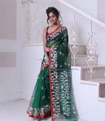 Green muslin saree with jamdani designs