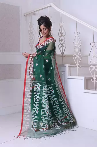 Green muslin saree with jamdani designs