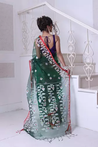 Green muslin saree with jamdani designs