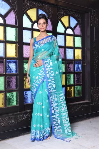Sea green muslin saree with jamdani designs