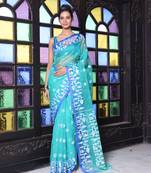 Sea green muslin saree with jamdani designs