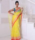 Yellow muslin saree with jamdani designs