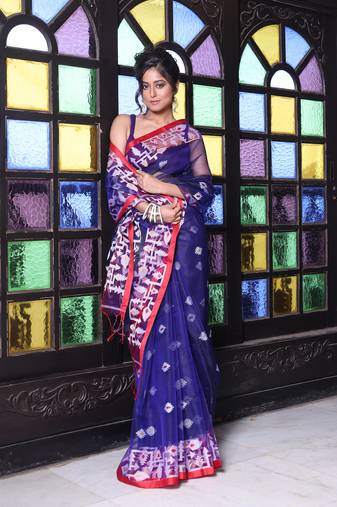 Blue muslin saree with jamdani designs