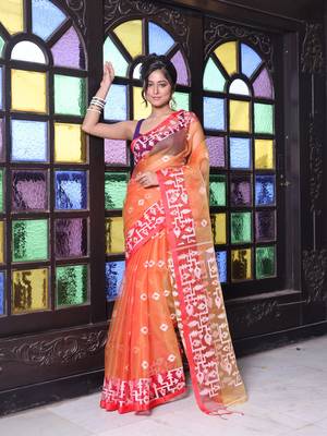 Orange muslin saree with jamdani designs 1