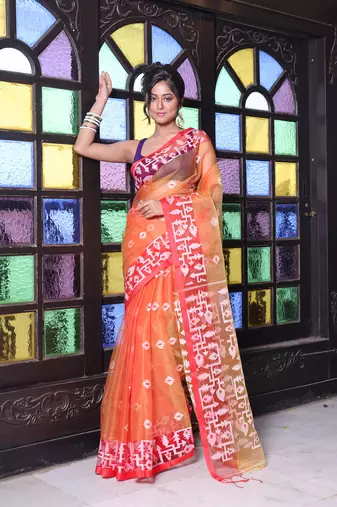 Orange muslin saree with jamdani designs