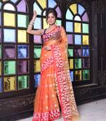 Orange muslin saree with jamdani designs