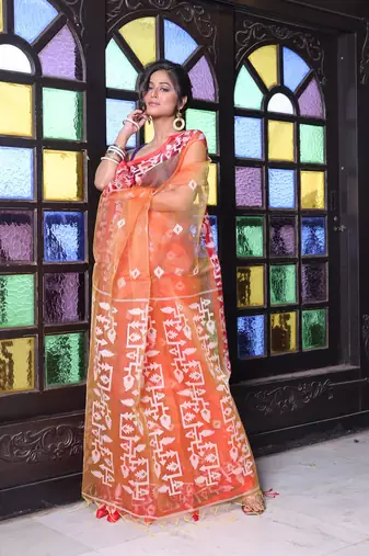 Orange muslin saree with jamdani designs