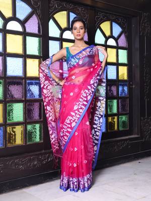Fuchsia muslin saree with jamdani designs 1