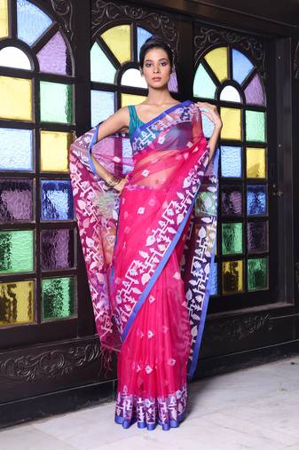 Fuchsia muslin saree with jamdani designs