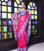 Fuchsia muslin saree with jamdani designs