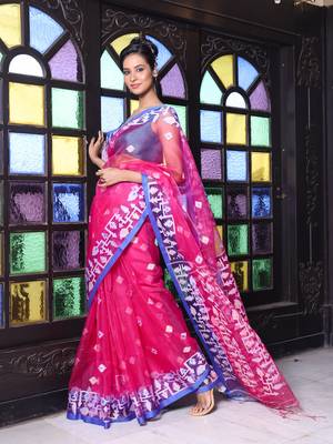 Fuchsia muslin saree with jamdani designs 2