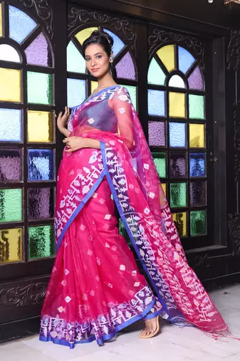 Fuchsia muslin saree with jamdani designs