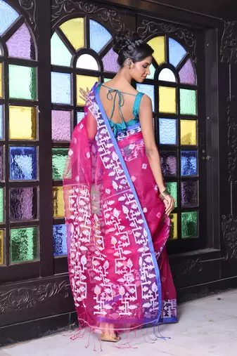 Fuchsia muslin saree with jamdani designs