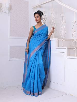 All over zari weaving sky blue cotton saree with zari borders 1
