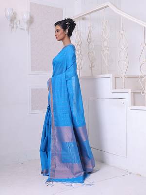 All over zari weaving sky blue cotton saree with zari borders 2