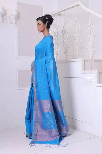 All over zari weaving sky blue cotton saree with zari borders