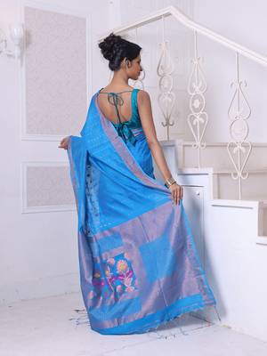 All over zari weaving sky blue cotton saree with zari borders 3