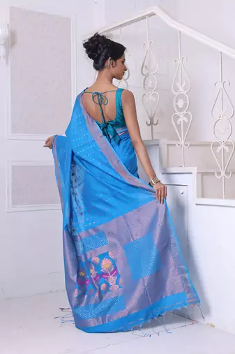 All over zari weaving sky blue cotton saree with zari borders