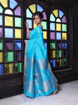 All over zari weaving sea green cotton saree with zari borders 2