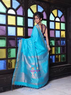 All over zari weaving sea green cotton saree with zari borders 3
