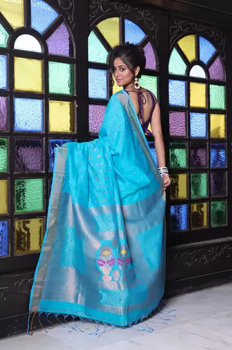 All over zari weaving sea green cotton saree with zari borders