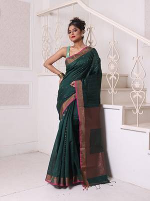 All over zari weaving forest green cotton saree with zari borders 1