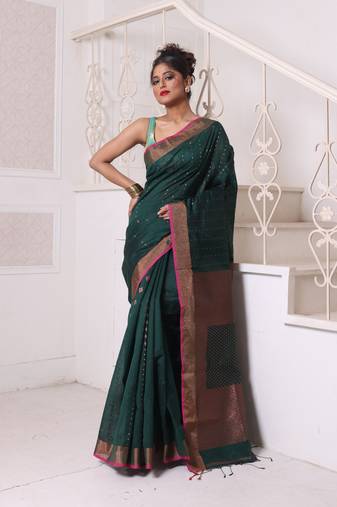 All over zari weaving forest green cotton saree with zari borders