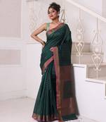 All over zari weaving forest green cotton saree with zari borders