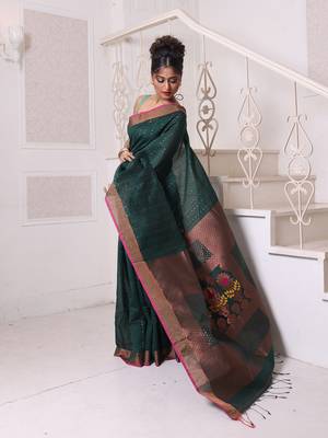 All over zari weaving forest green cotton saree with zari borders 2