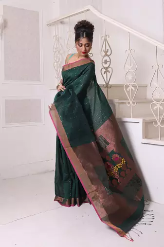 All over zari weaving forest green cotton saree with zari borders