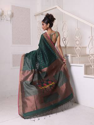 All over zari weaving forest green cotton saree with zari borders 3