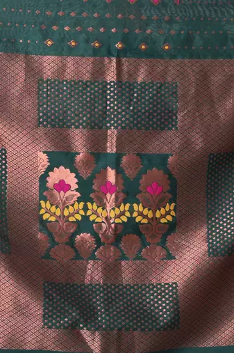 All over zari weaving forest green cotton saree with zari borders