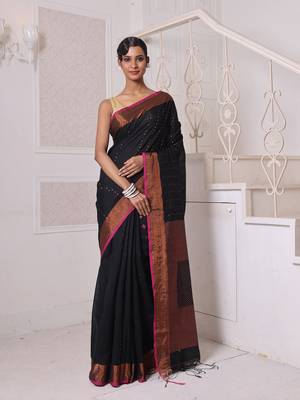 All over zari weaving black cotton saree with zari borders 1