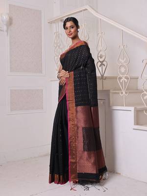 All over zari weaving black cotton saree with zari borders 2