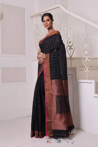 All over zari weaving black cotton saree with zari borders