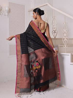 All over zari weaving black cotton saree with zari borders 3