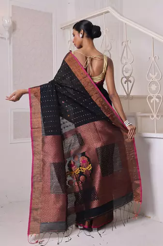 All over zari weaving black cotton saree with zari borders