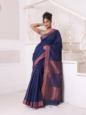 All over zari weaving navy blue cotton saree with zari borders 1