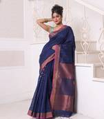 All over zari weaving navy blue cotton saree with zari borders