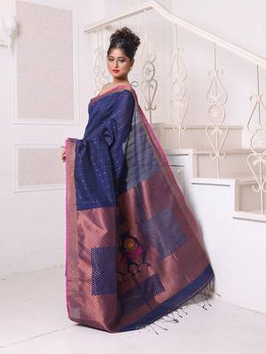 All over zari weaving navy blue cotton saree with zari borders 2